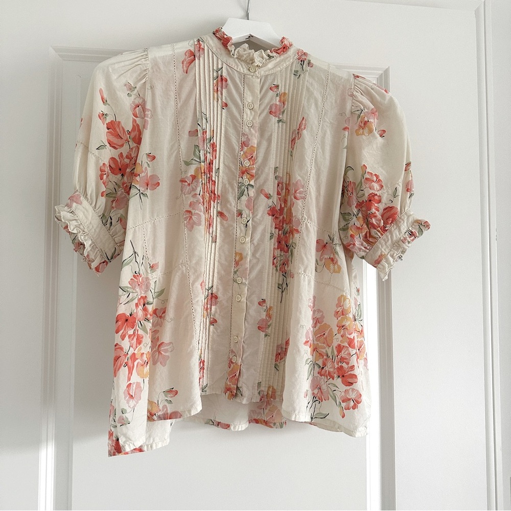 THE GREAT. Cream Floral Blouse